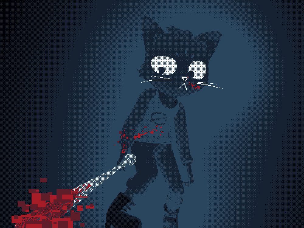 The character "Mae Borowski" from the video game "Night In The Woods" on a simple background, she is holding a baseball bat stained with blood, which is covered by various shapes of the same color.