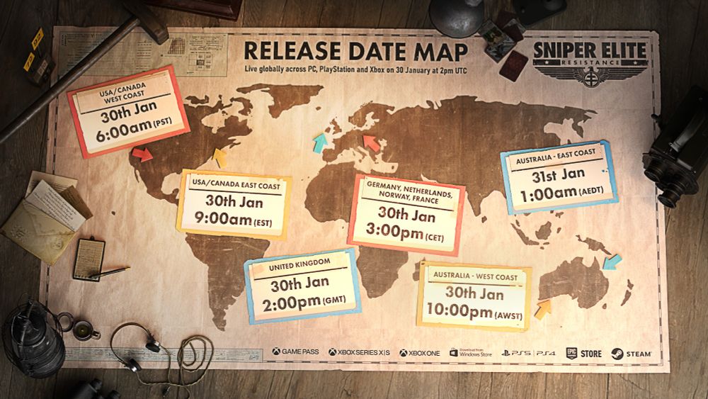 Image for 'Sniper Elite: Resistance' featuring a world map with release dates and times for different regions including United Kingdom, East and West Coast of USA, Germany, Netherlands, Norway, Italy, and Australia.