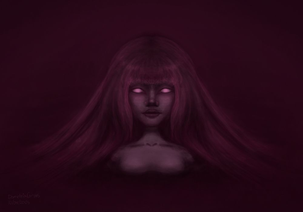 A maroon monochromatic digital painting of a feminine presenting humanoid creature emerging from what appears to be the ground. 