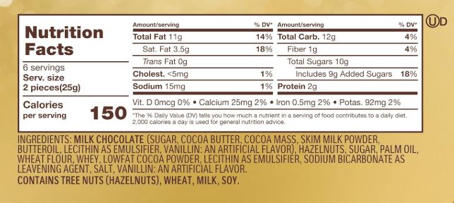 Ingredients and nutrition label of Ferrrero Rocher chocolates