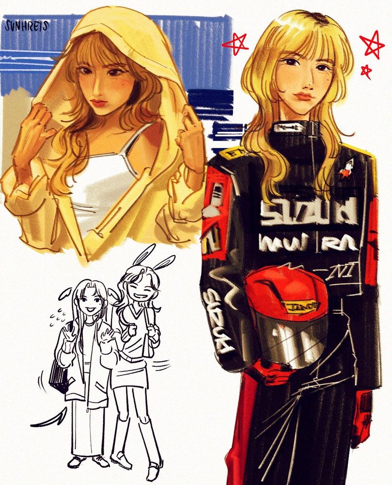 Digital colored doodles of Jiwoo from NMIXX. One of them is Jiwoo in a racer outfit and one is redraw of one of her pictures. There's an extra uncolored doodle on the bottom of Sullyoon playfully bumping Jiwoo.