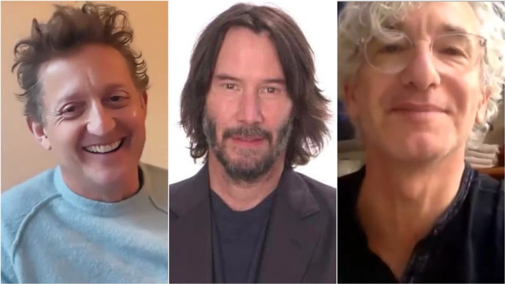 Alex Winter, Keanu Reeves, and Ed Solomon smiling 