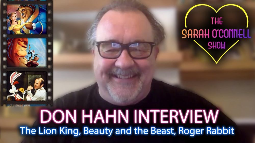 Don Hahn smiling with images from Beauty and the Beast, The Lion King, and Who Framed Roger Rabbit?