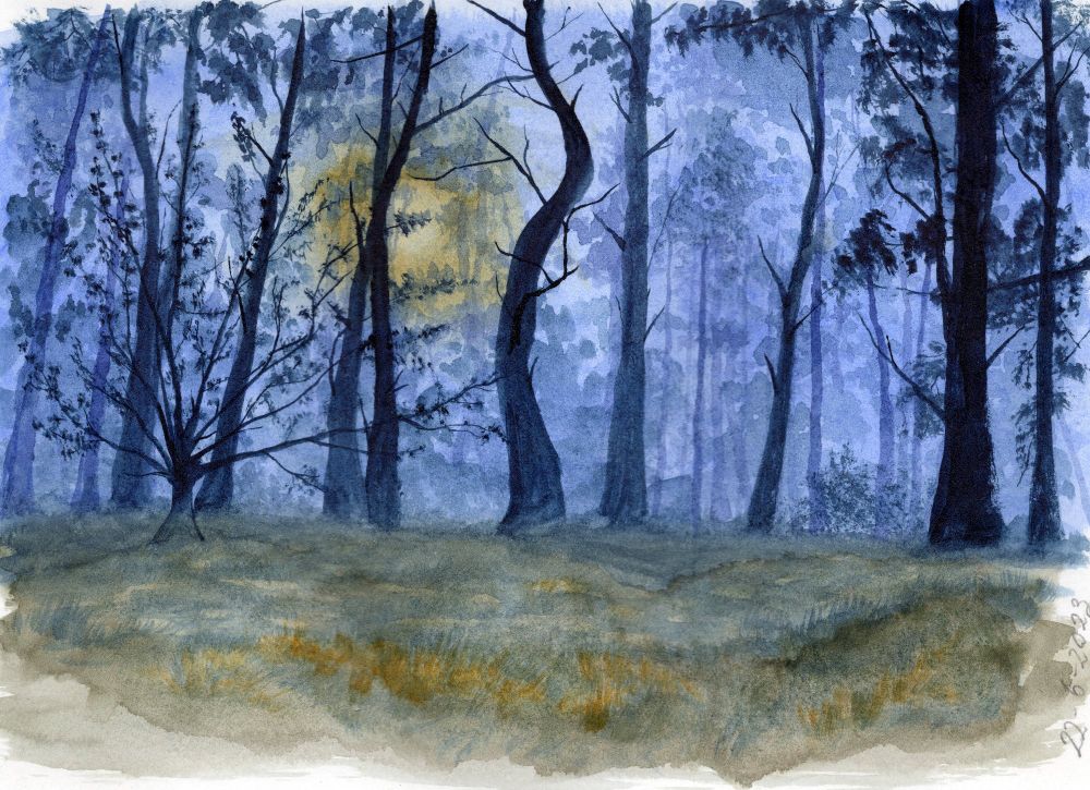 Acuarela de un bosque. Los arboles aparecen pintados como sombras índigas difuminadas en un fondo de tonos azules. Entre ellos, un sol pálido se esconde difuso, como si hubiera una niebla que filtra de forma difusa su luz amarillenta.
