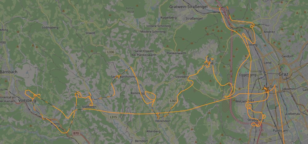 Karte von Graz und Weststeiermark mit wilder Route von Hubschrauber