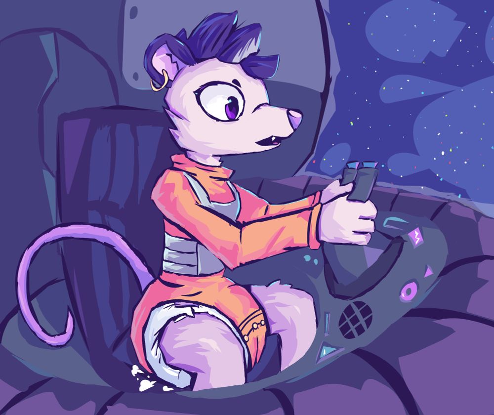 riggs (an anthro space possum from the awesome indie game cobalt core) in an onesie and diaper while aboard a spaceship.