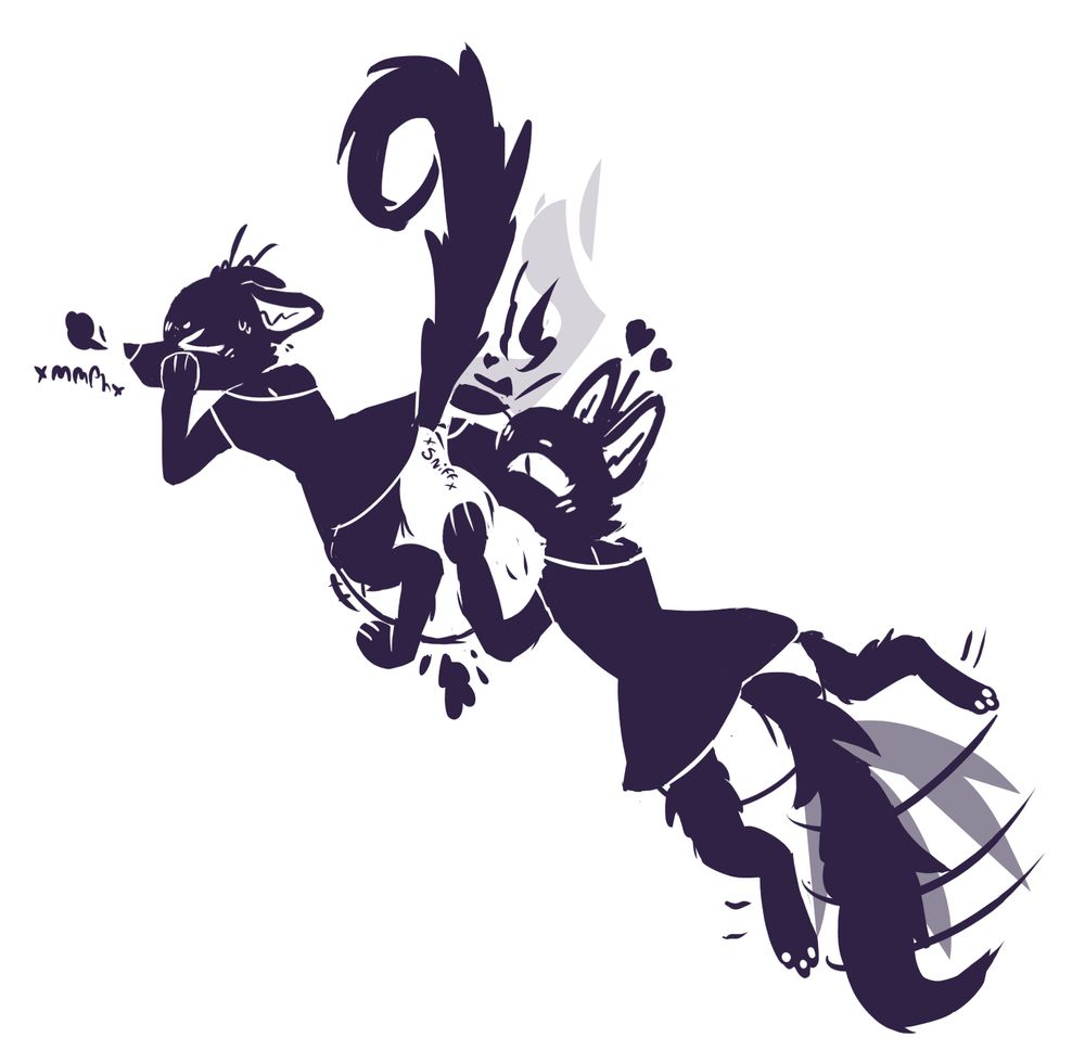 same creatures mentioned in previous images. 

The first creature is bent over and focused on pooping their diaper, with a look of concentration on their face. Onomatopoeia reads *mmph*

The second one has their face planted into it and is absolutely loving it (shown by them wagging their tail, hearts over their head, and kicking their legs)