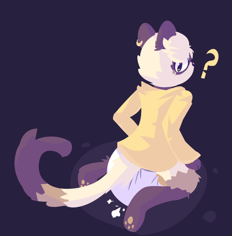 anthro ferret wearing a diaper and yellow jacket. they're sitting down looking back at something and have a ? next to their head