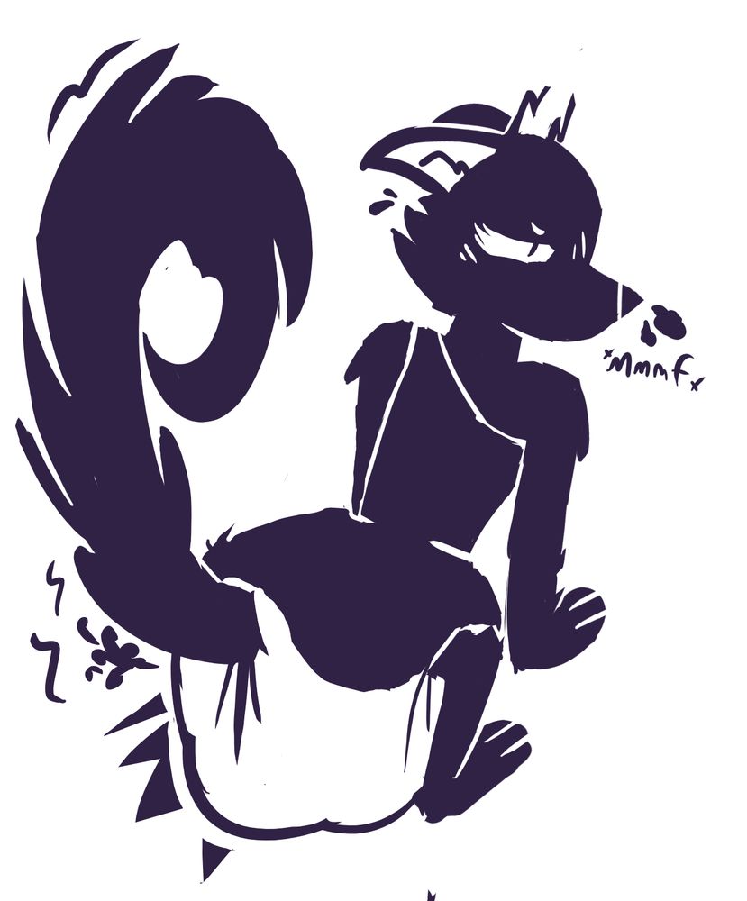 the creature squatted down n poopin their diaper. tails flagged, ears tilted, gruntin and huffin