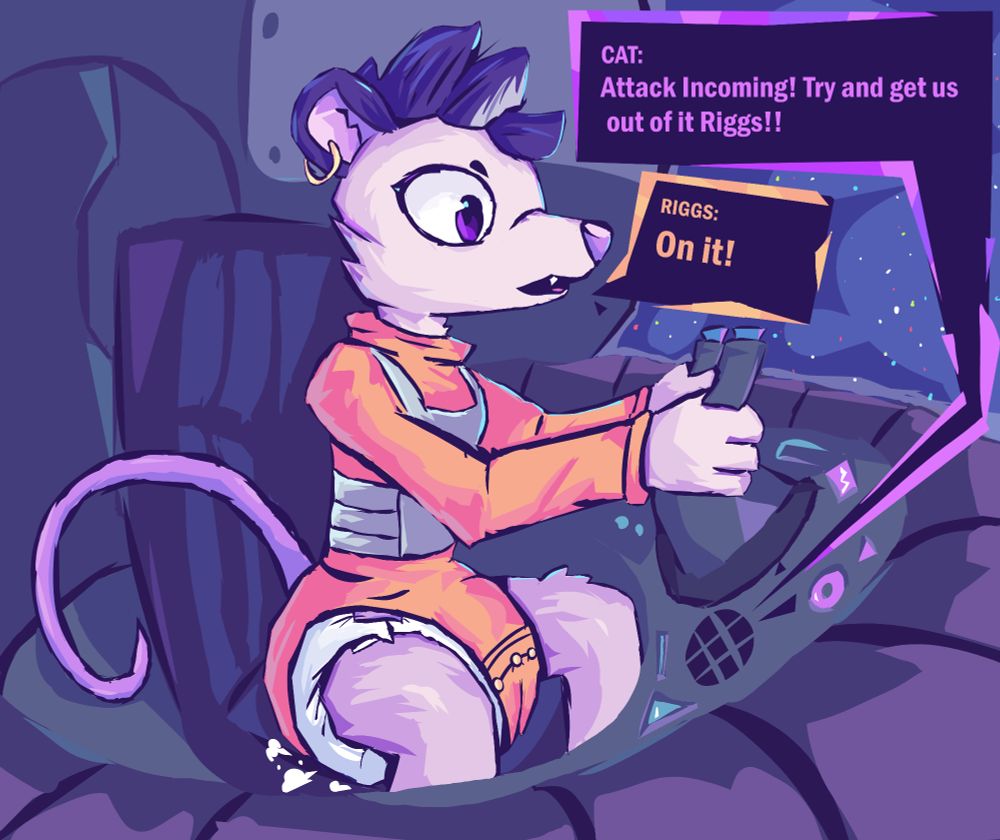 riggs (an anthro space possum from the awesome indie game cobalt core) in an onesie and diaper while aboard a spaceship. She is talking to CAT

dialogue from cat reads:
"Attacking incoming! Try and get use out of it Riggs!!"

response from Riggs reads:
"On it!"