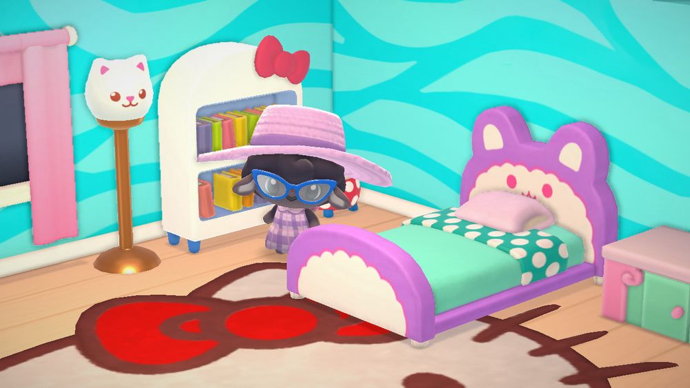 My avi in one of the cabins. She’s wearing a pink & purple plaid dress and matching hat. The furniture is kawaii and hello kitty themed.