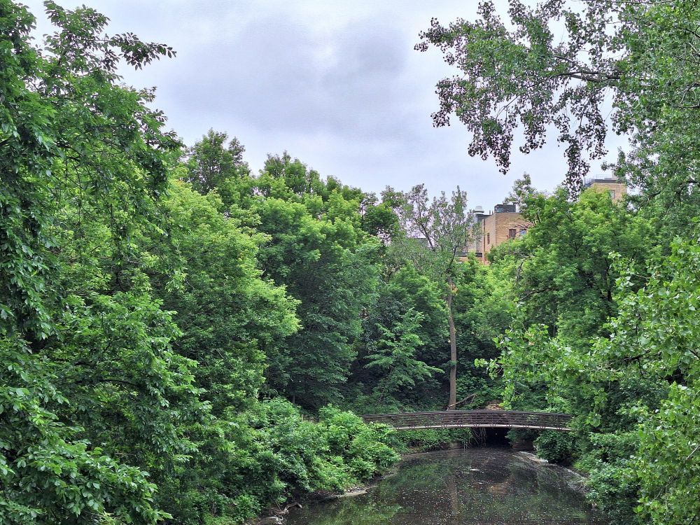 Walking bridge across a Bassett Creek Outfall on the Mississippi River in downtown Minneapolis. 