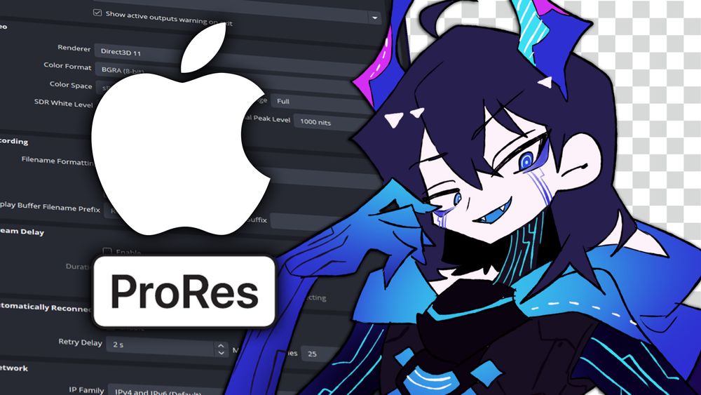 A YouTube video thumbnail showing the Apple ProRes video codec logo, Vtuber ID-Ten grinning at the viewer, and OBS Studio's interface in the background on the left, with grey blocks indicating transparency on the right.