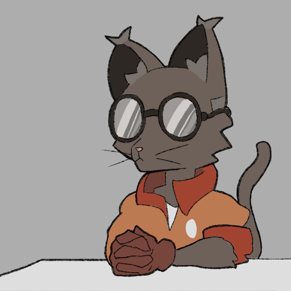 An anthropomorphic cat Kim Kitsuragi sits at a table, not reacting to Harry.