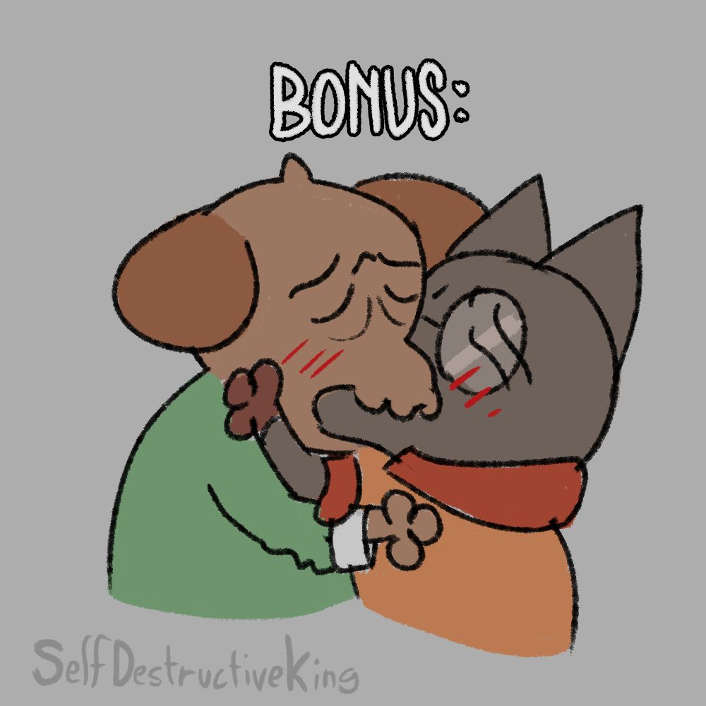 The image is titled "Bonus" The anthro versions of Harry and Kim kiss. SelfDestructiveKing is credited. 