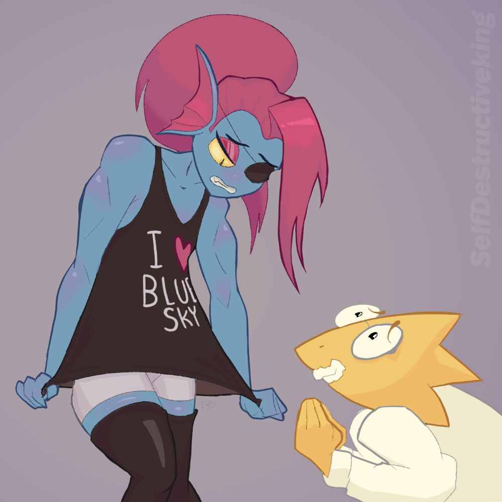 Undyne looks down at her tank top. It reads "I ❤️ BlueSky" Undyne looks nonplussed, but is trying to save face. Alphys looks on with a nervous smile. Apparently the tank top is a gift from Alphys. 