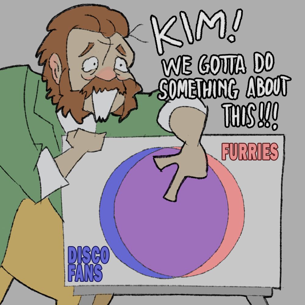 Harry Dubois points to a venn diagram with two circles. The first circle is labelled "Disco Fans." The Second circle is labelled "Furries" The venn diagram is almost a complete circle. Harry says "Kim! We gotta do something about this!"