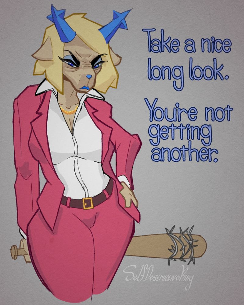 Carol Holiday stands with one hand resting on her cocked hip. The other hand holds a spiked baseball bat behind her back. She is wearing Ichiban Kasuga's suit. She scowls at the camera and is saying "Take a nice long look. You're not getting another."