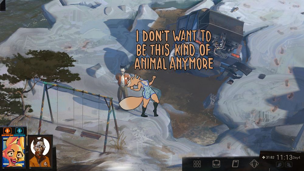 Diane Foxington and Kim Kitsuragi stand on a thick sheet of ice, just past the water lock. Diane wears a leopard print leotard and howls to the heavens "I DON'T WANT TO BE THIS KIND OF ANIMAL ANYMORE."
