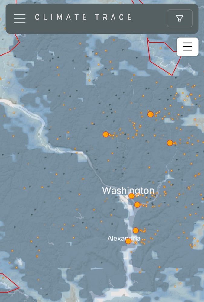 Map of the Washington DC region with orange dots showing the big polluters and which ways the plumes blow. 