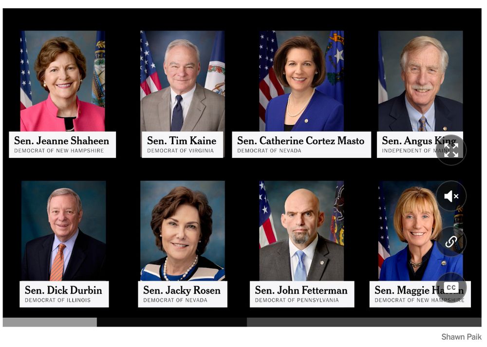 Images of Senators Jeanne Shaheen (D-NH), Tim Kaine (D-VA), Catherine Cortes Masto (D-NV), Angus King (D-ME), Dick Durbin (D-IL), Jacky Rosen (D-NV), John Fetterman (D-PA), and Maggie Hazan (D-NH) who voted for the cave-in to the despicable Republican continuing resolution that guts health care