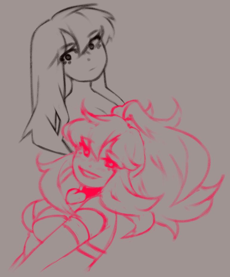 A sketch of two women, on in front of the other. One is drawn in black, the other in magenta. 
The woman with magenta lines has long wavy hair tied up in a high ponytail. She also has long strands of hair on the sides of her bangs. Her bangs ending right above her eyes. She has a thick choker with a heart hanging from it. She is wear gloves that end right under her shoulders. She's wearing a top that resembles a strapless bra. She is smiling sweetly.
The woman in the black lines has her straight her hanging down behind her. Her bangs stop right above her eyes. She is glaring at the viewer.