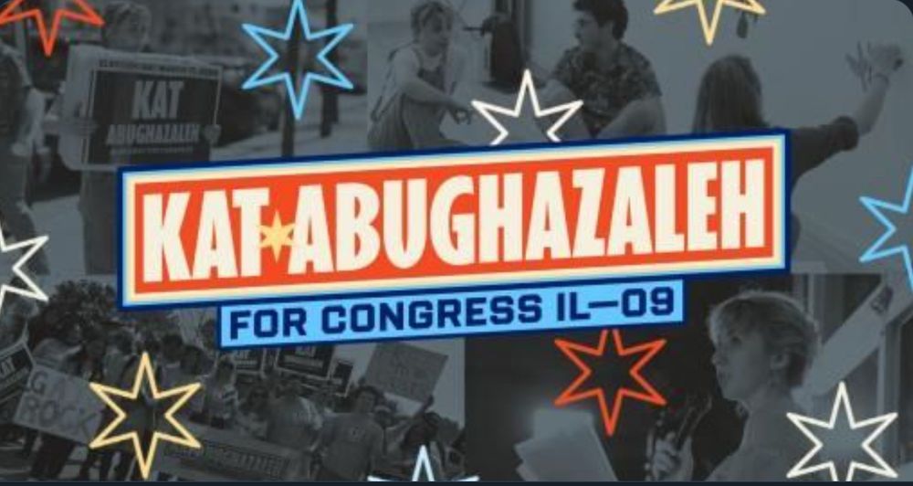 Kat Abughazaleh for Congress graphic with angled orange and blue text