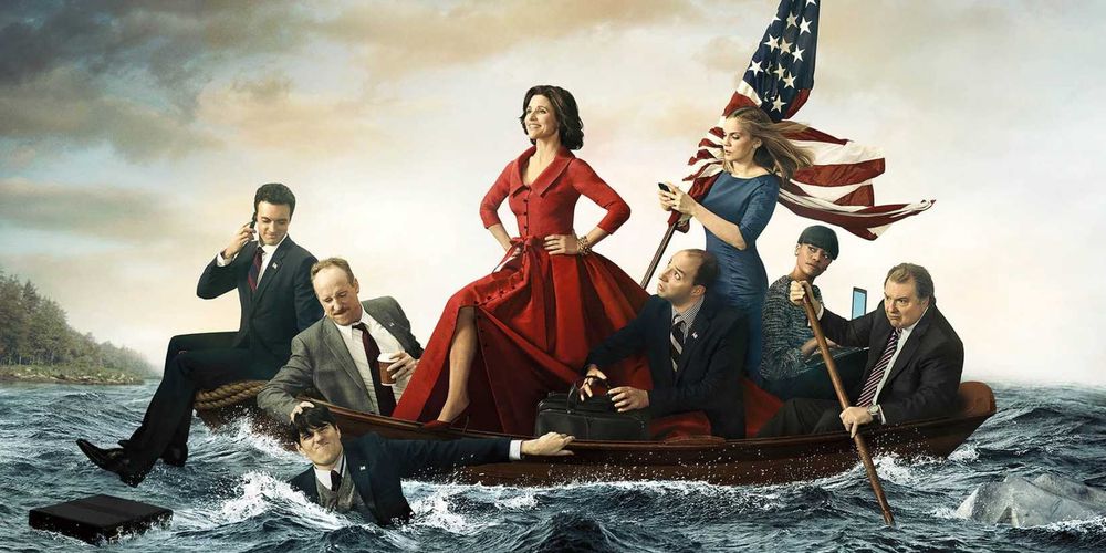 Promotional image for the HBO series Veep showing the main characters in a parody of the famous painting of George Washington crossing the Potomac
