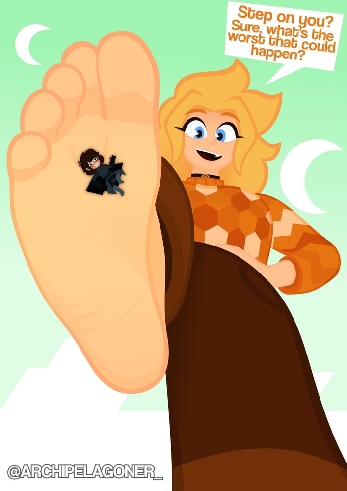 Same image as before, but now a small armour clad woman is stuck to Summer's sole. The little knight is blushing.