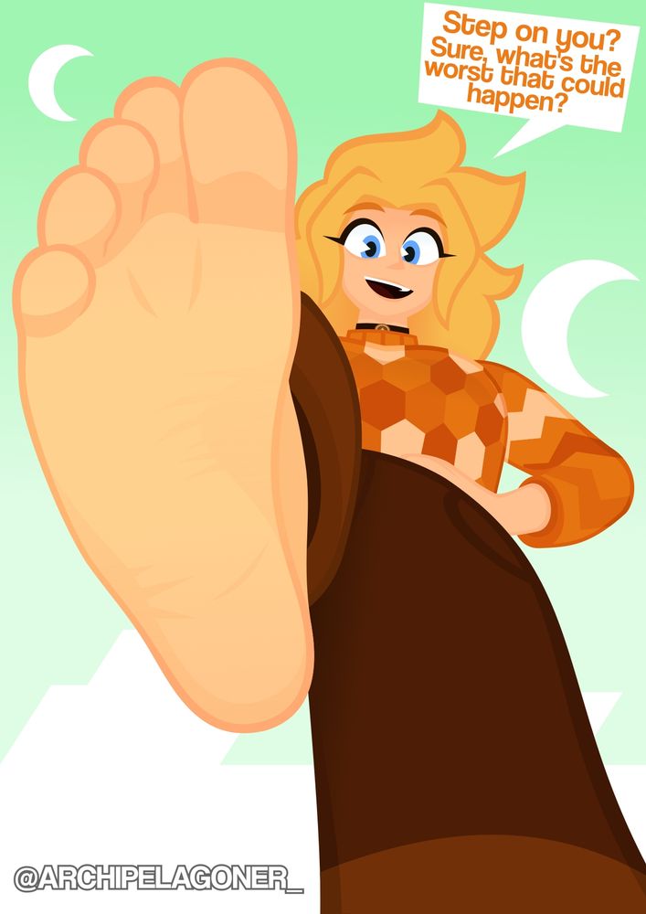 A vector graphic artwork of a giant woman looming over you with their right bare foot lifted up as if ready to step on you. This is Summer: she is fair skinned with fluffly blonde hair and sky-blue eyes (although the sky behind her is a sort of pale green). She is wearing a jumper with a hexagonal pattern of different shades of orange.
She says: "Step on you? Sure, what's the worst that could happen?"