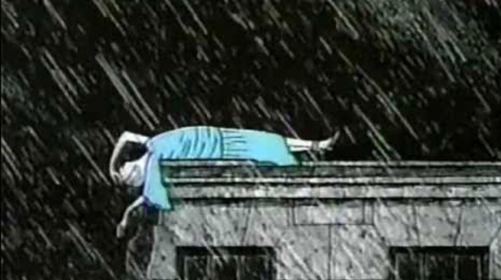 Photo from of the opening of the PBS Mystery series Mystery! Featuring an Edward Gorey illustrated damsel lying prostrate upon the edge of a building in the rain.