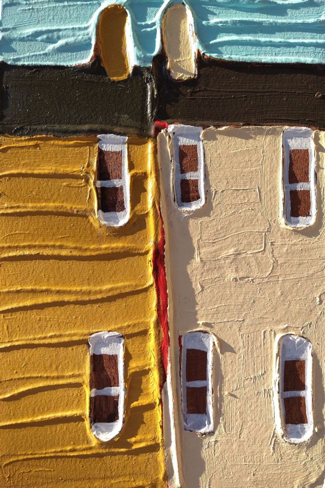 Tiny, folky painting of row houses under a pale blue sky. On the left is a yellow clapboard house with two windows and a chimney, and on the right is a cream-coloured stucco house with four windows and a chimney.  