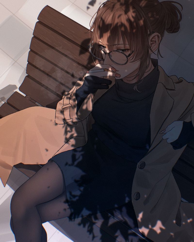 moody illustration of anko uguisu smoking on a park bench under the shade of a tree
