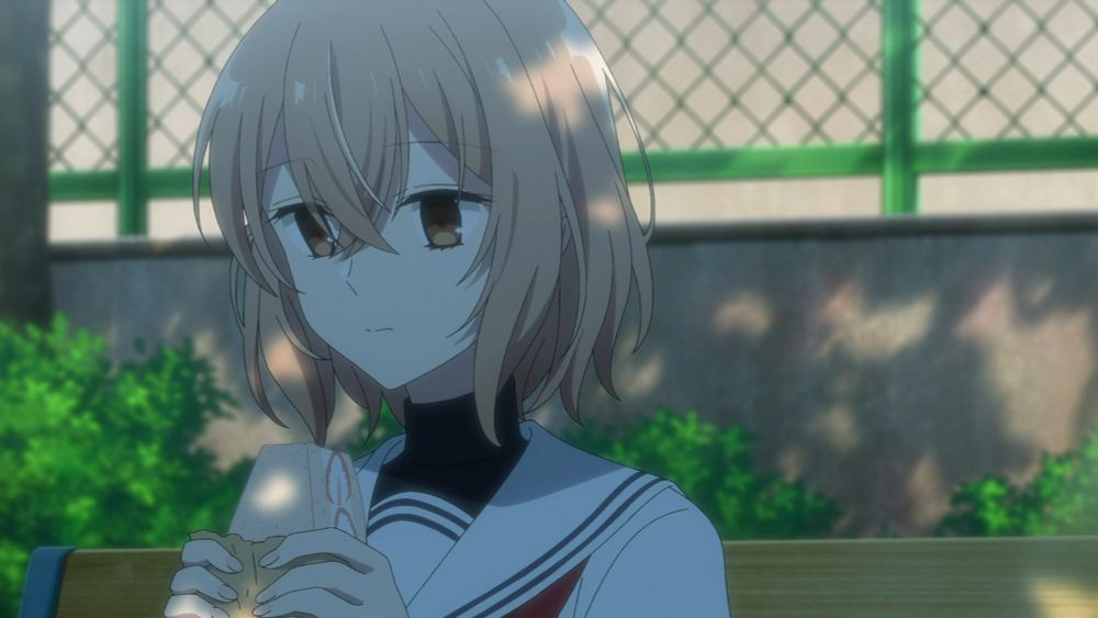 hinako somberly chews on a fruit sandwich from miko's favorite bakery