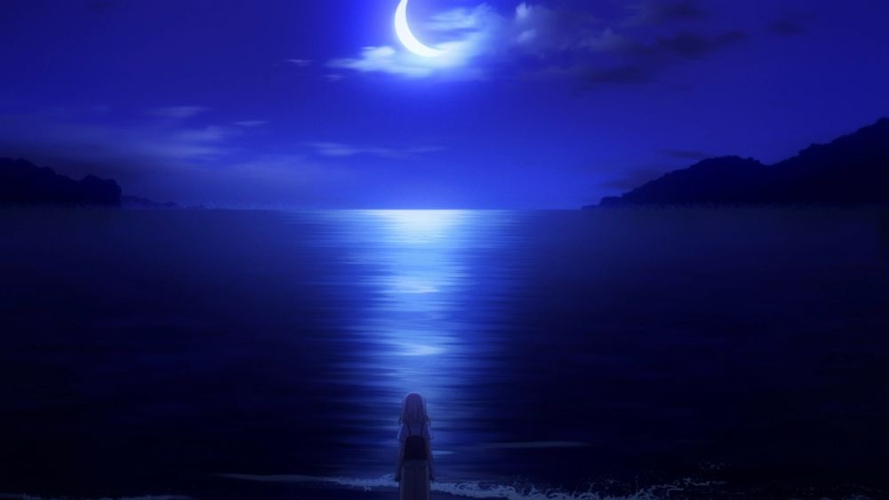 ave mujica episode 11. uika stares out at the ocean on a moonlit night.