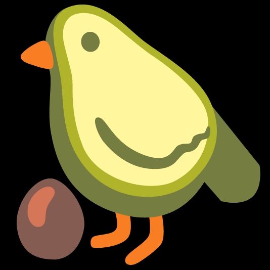 A bird but it's an avocado, like the inside of it because it's green. The avocado pit is like an egg next to and separate from the bird.