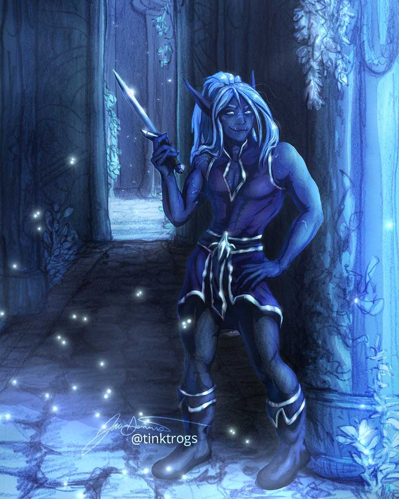 A drow or night elf leans against a dilapidated stone temple structure. His muscles are distinct and his clothing is quite tight. He seems self assured and confident as his holds his dagger in the air casually. It is night time and the moon light is bleaching the whole scene in a ghostly pale blue. 