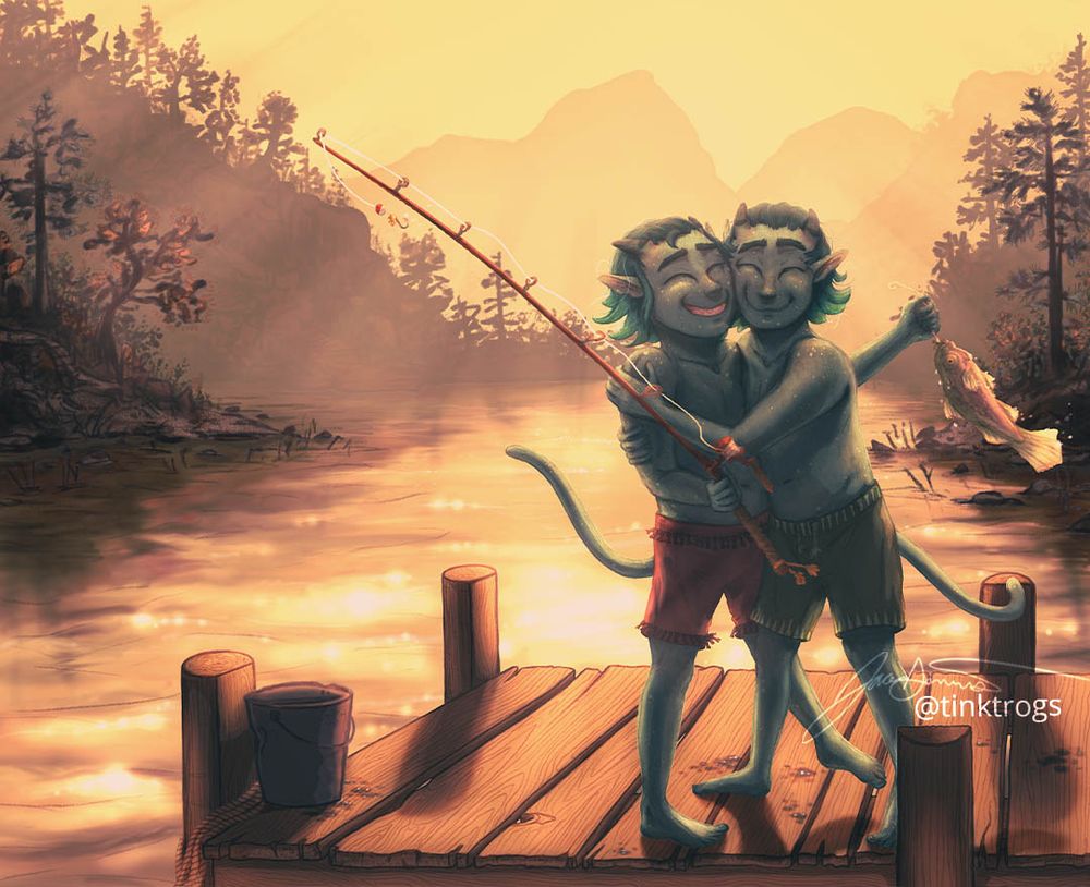 Two young teal tiefling boys embrace happily while late golden afternoon sun shines on them. One boy is holding a fishing rod and a fish while the other boy almost topples him over in joy. The lake behind them is golden with light and they are standing on a dock. Around them are mountains and trees, both evergreen (conifers), and leaf trees (deciduous). This is a prominent memory for two who appear to be twin brothers.
