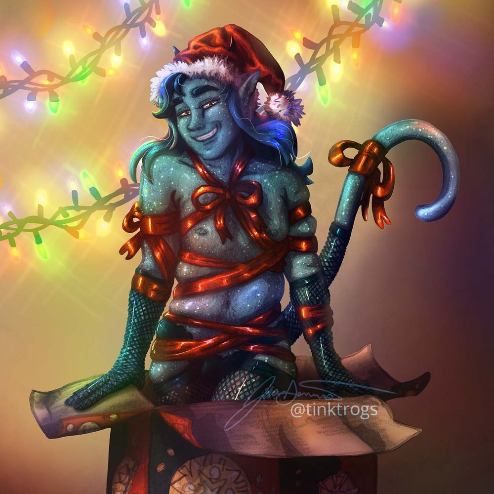 A festive teal tiefling with longer dark teal ombre hair is posing alluringly in a large present box. He is wrapped in very shiny red ribbons and has a fuzzy santa hat on. He is also wearing dark green fishnet stockings (including tail) and fishnet gloves. He has a cute wide smile. Behind him are some bright multi-coloured christmas or holiday lights