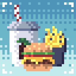 Pixelart drawing of a cheeseburger combo meal.
