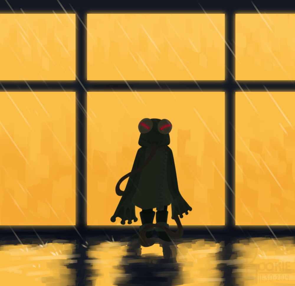A figure in a frog raincoat stands menacingly in front of a store front in the rain. This is a threat :3