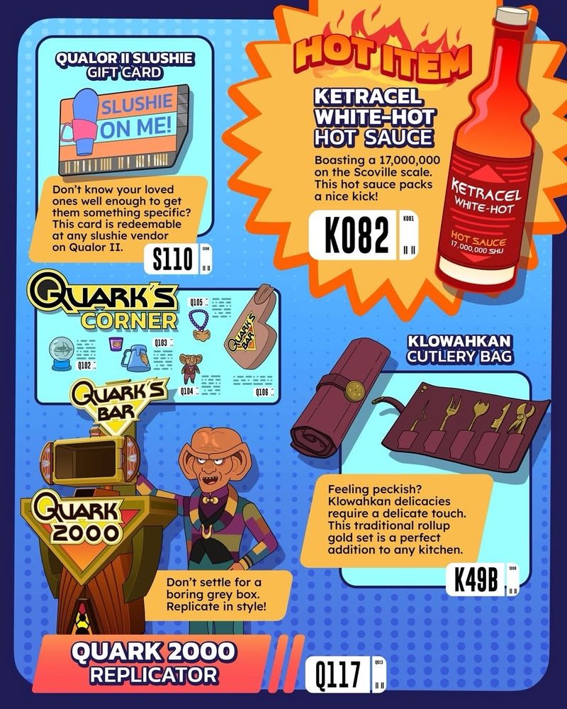 Products on this page include Ketracel White-Hot Hot Sauce, Klowahkan Cutlery Bag, and Quark’s merchandise.