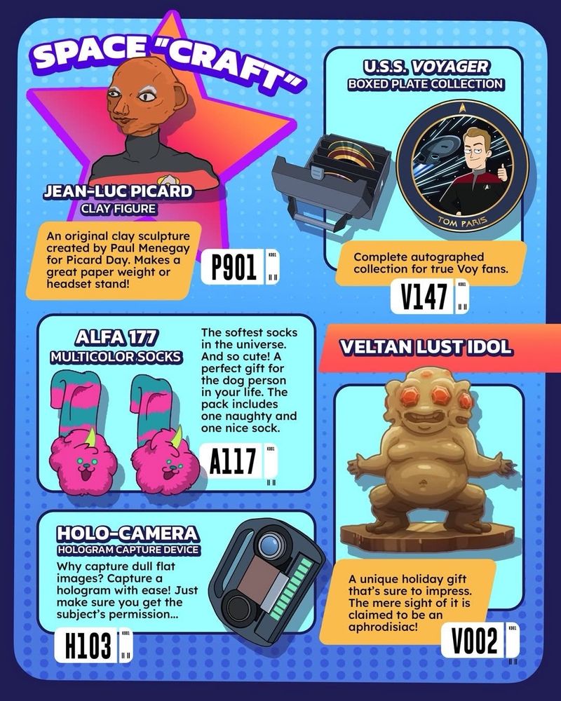Products include a holo-camera, Alfa 177 multicolor socks, a Veltan Lust Idol, a Jean-Luc Picard clay figure, and the USS Voyager boxed plate collection.