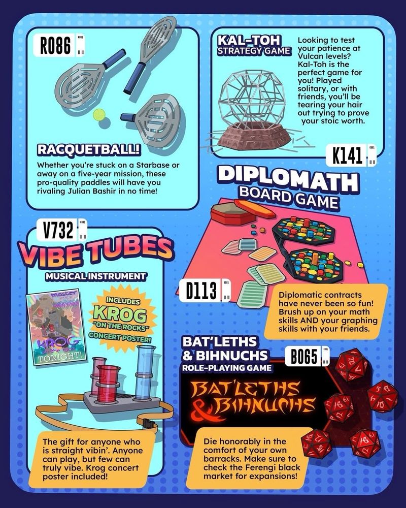 Products include Bat’leths & Bihnuchs, vibe tubes, diplomath, a racquetball set, and kal-toh.