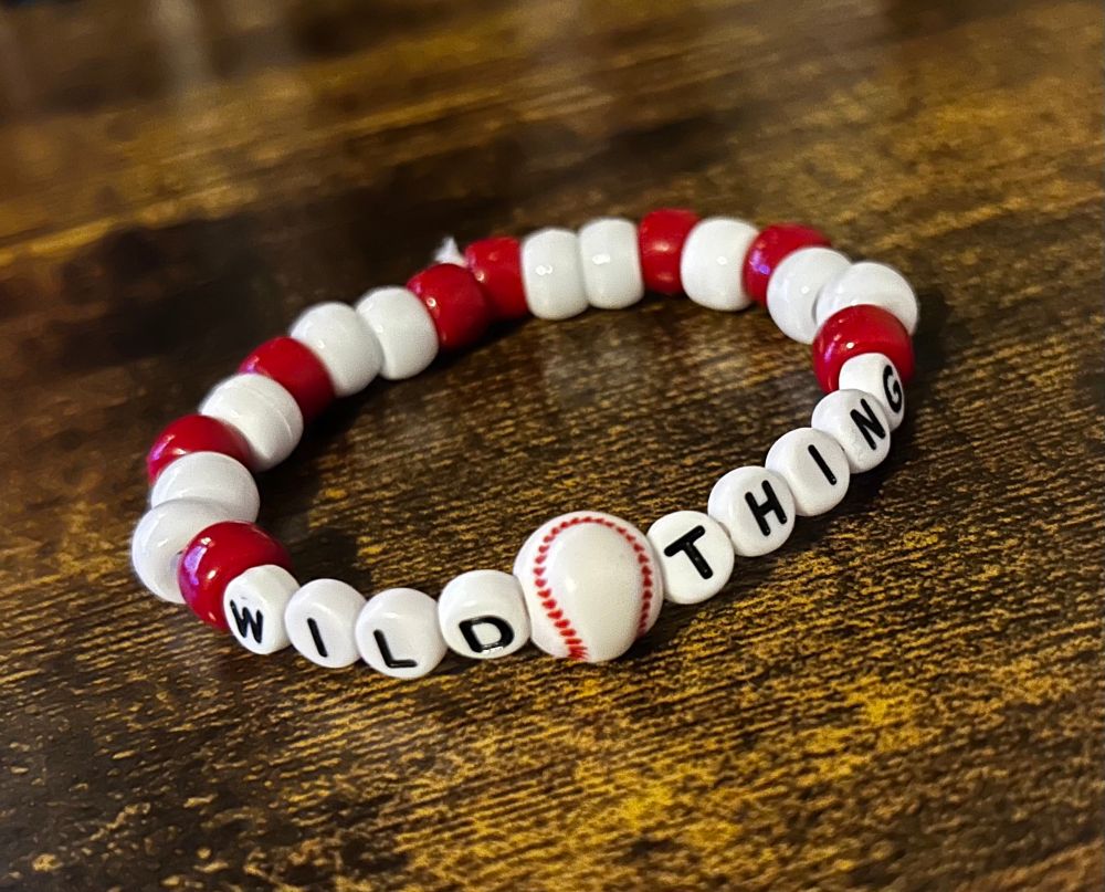 Beaded bracelet with baseball bead and “wild thing” letters 
