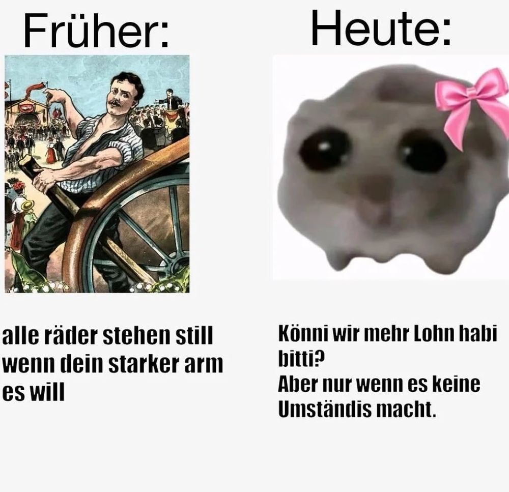 Es sind zwei Bilder und Text zu sehen. Auf dem Linken Bild (Zeichnung von c.a. 1910, Titel Mann der Arbeit, aufgewacht!)  ist ein ein Arbeiter der mit der Linken Hand einen Karren anhält (den er normalerweise zieht um dinge zu Transportieren), mit der rechten Zeit er auf ein im Hintergrund stehended Zelt. Davor befinden sich viele Menschen, im Hintergrund rechts vom Mann sieht man ein Podium von dem aus ein Mann im Anzug zur umstehenden Menge spricht (Das Bild ist unten etwas abgeschnitten, normalerweise befinder sich dort der Text: Mann der Arbeit, aufgewacht! Und erkenne deine Macht! Alle Räder stehen still, Wenn dein stärkerer Arm es will).
Unter dem Bild steht:  Alle räder stehen still wenn dein starker arm es will

Auf dem rechten Bild sieht man das Meme eines Weinenden Hamsters mit Rosa Schleife. Unter dem Bild steht:
Könni wir mehr Lohn habi bitti?
Aber nur wenn es keine Umständis macht.


Dies soll Symnolisieren wie weichgespült und uneffektiv Gewerkschafften geworden sind, da diese sich über die Jahrzehnte immer mehr den Arbeitgebern angepasst haben.

Bzw:

Gewerkschaften waren früher eine Selbsthilfegemeinschaft und Kampforganisation in einer Zeit schlechter Arbeitsbedingungen, die mit hohem persönlichen Risiko kämpften, um grundlegende Verbesserungen wie den Acht-Stunden-Tag zu erreichen. Heute sind sie zwar immer noch wichtige Akteure, sehen sich aber mit dem Rückgang der Mitgliederzahlen, bedingt durch den Wandel zur Dienstleistungsgesellschaft, der Zunahme von Teilzeit- und atypischen Beschäftigungsverhältnissen, konfrontiert, was ihre Legitimation und Durchschlagskraft schwächt. 
