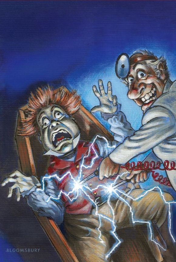 A zombified corpse, its hair standing on end, is startled awake by an insanely grinning doctor in a white lab coat.  Sparks fly from a pair of electrodes the doctor is using to shock the corpse back to life.