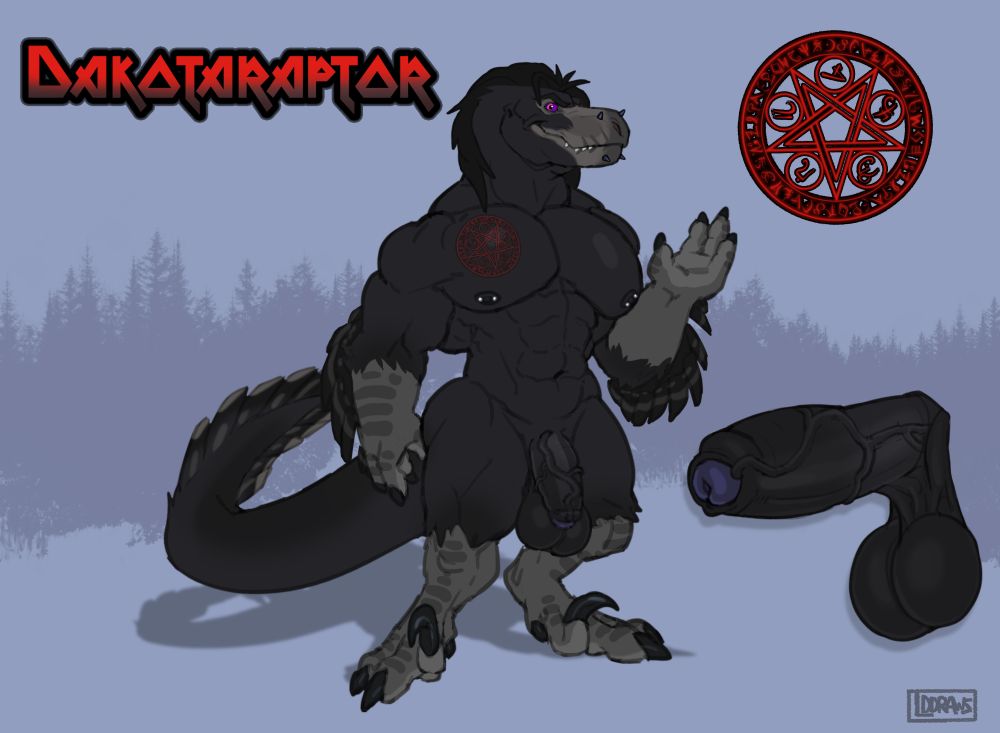 A large anthromorphic Dakotaraptor stabding with his left arm raised as if waving. His body is solid black except for his arms and legs below his elbows and knees which are dark grey in color. 

Running from the top of his head to the base of his neck is a smooth line of feather like hair. On his elbows and the end of his tail are lines of black and grey striped feathers.

On his right pec is a red pentagram tatto with arcane symbols drawn inside it. Both his nipples are pierced with bar piercings.

Between his legs is a fat pair of nuts and a thick cock as black as the rest of his body while the tip is navy blue and tucked inside his foreskin