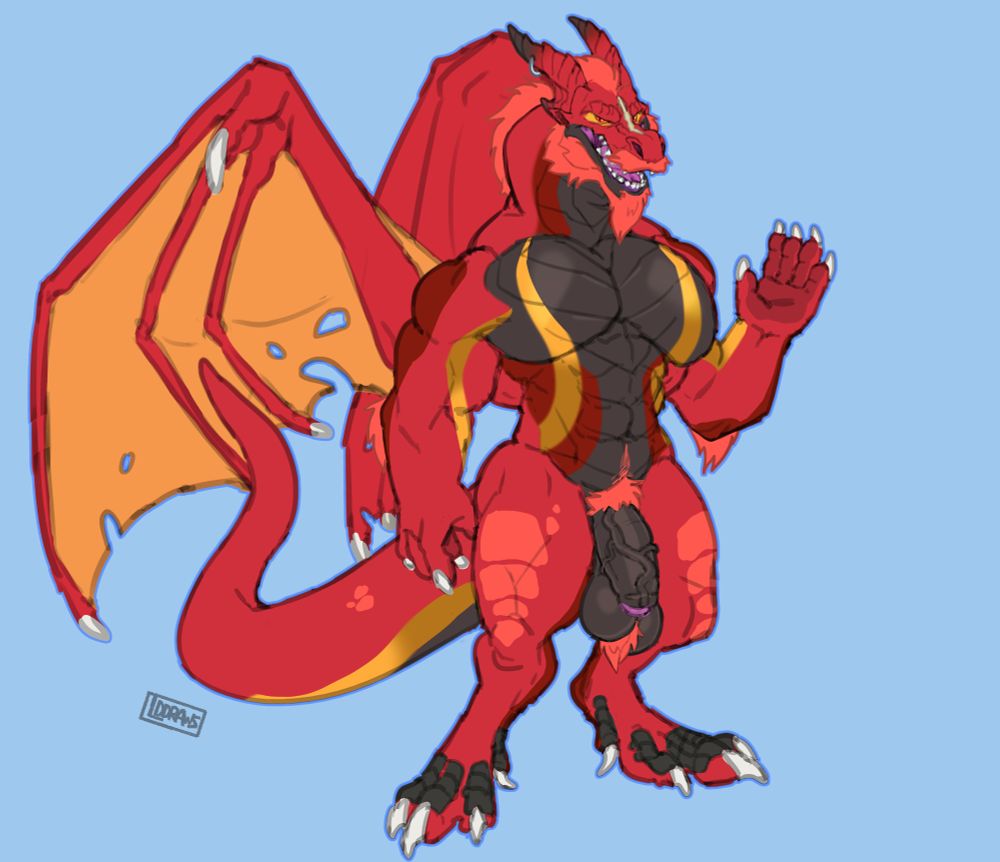 Same dragon from the previous image but with his uncut dick and hefty nuts on display