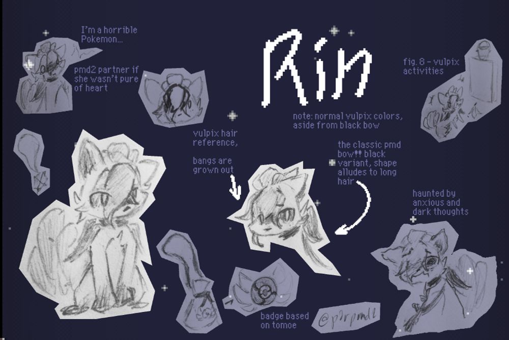 reference sheet for Rin the Vulpix, one of my current Pokemon Mystery Dungeon original characters!
she is very characteristically similar to the partner character from PMD2/Explorers of (anxious wreck, energetic team member), but with notable twists that recontextualize her actions and personality (she's not pure-hearted, let's say her time working for her guild is almost a life sentence she serves)